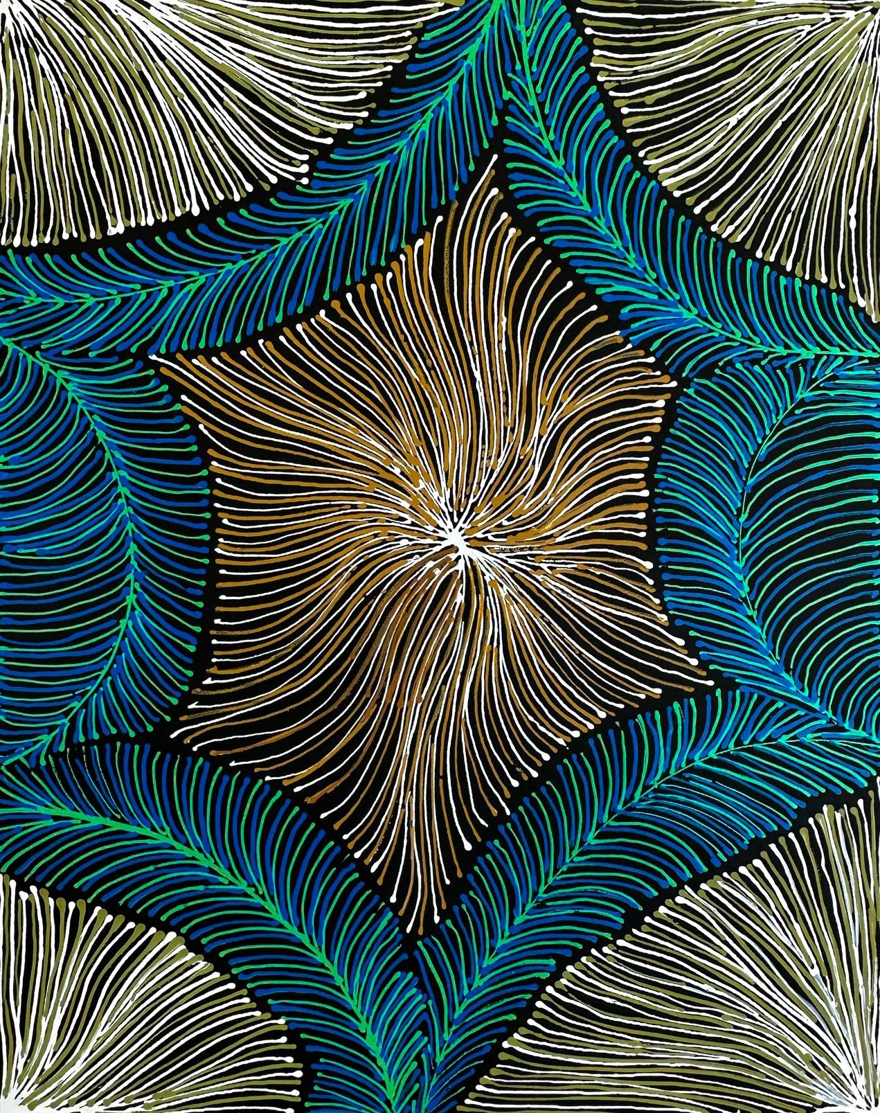 Rosemary Pitjara Petyarre, Utopia, Northern Territory, Outback, Indigenous Art, Aboriginal Art, Australian Art, Bush Yam Leaves, Bush Medicine Leaves, Art, Art Gallery, Art for Sale, Painting, Painting for sale, Altyerre Aboriginal Art, Darwin Gallery, Art Décor, Interior Décor, Wall Art, Interior Decorator, Ethical Art, Original Art, Direct From the Artist, Family Business, Anmatyerre, Movement, Colourful, Beautiful Art, Utopia, Utopian Artist,