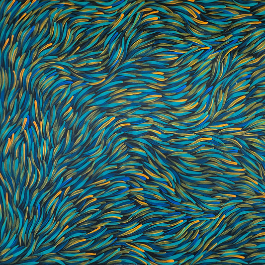 Rosemary Pitjara Petyarre + Rosemary Bird Petyarre + Anmatyerre + Bush Medicine Leaves + Aboriginal Art + Indigenous Art + Linen + Utopia + Australian Art + Contemporary Art + Art Gallery + Interior Décor + Décor + Artist + Wall Art + Home décor + Office Décor + Altyerre Aboriginal Art + Altyerre +Arnwetky + Art for sale + art + painting + painting for sale + First Nation Art + Australian Indigenous Art + First Nations Art + Authentic Aboriginal art
