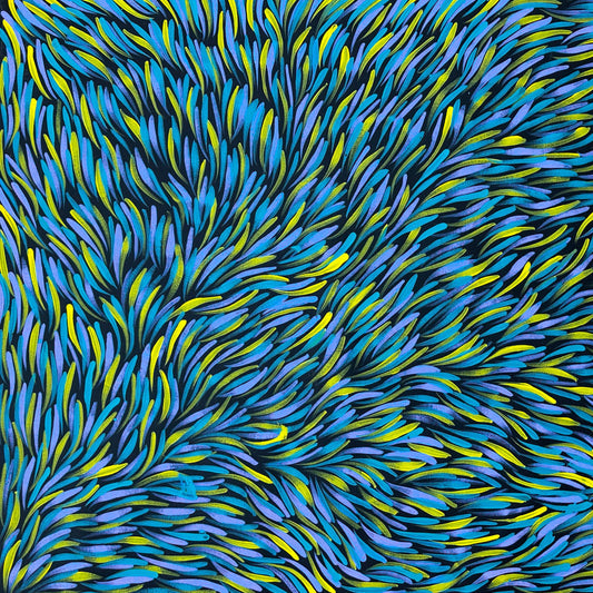 Rosemary Pitjara Petyarre Utopia Bush Medicine Leaves Aboriginal Art Indigenous Art Australian Art Painting Dreaming Yellow Blue Purple
