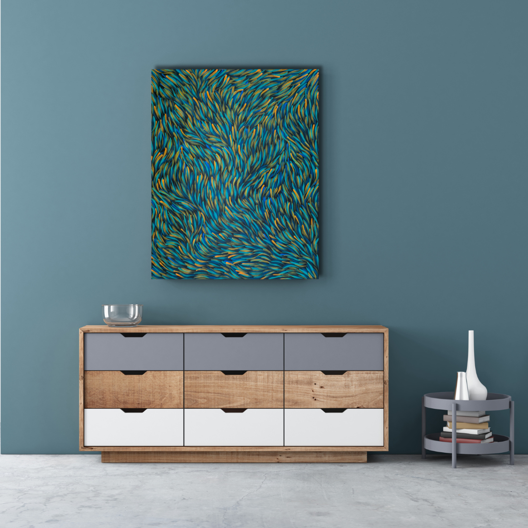 Rosemary Pitjara Petyarre + Rosemary Bird Petyarre + Anmatyerre + Bush Medicine Leaves + Aboriginal Art + Indigenous Art + Linen + Utopia + Australian Art + Contemporary Art + Art Gallery + Interior Décor + Décor + Artist + Wall Art + Home décor + Office Décor + Altyerre Aboriginal Art + Altyerre +Arnwetky + Art for sale + art + painting + painting for sale + First Nation Art + Australian Indigenous Art + First Nations Art + Authentic Aboriginal art