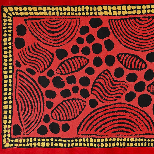 Susan Gibson Napaltjarri + Kintore + western desert + women's ceremony + iconography + symbolism + red + yellow + Black + women's dreaming + Darwin Based Gallery + indigenous art + aboriginal art + australian art + family based business + art story + aboriginal culture + Altyerre Aboriginal art + art for sale + painting for sale