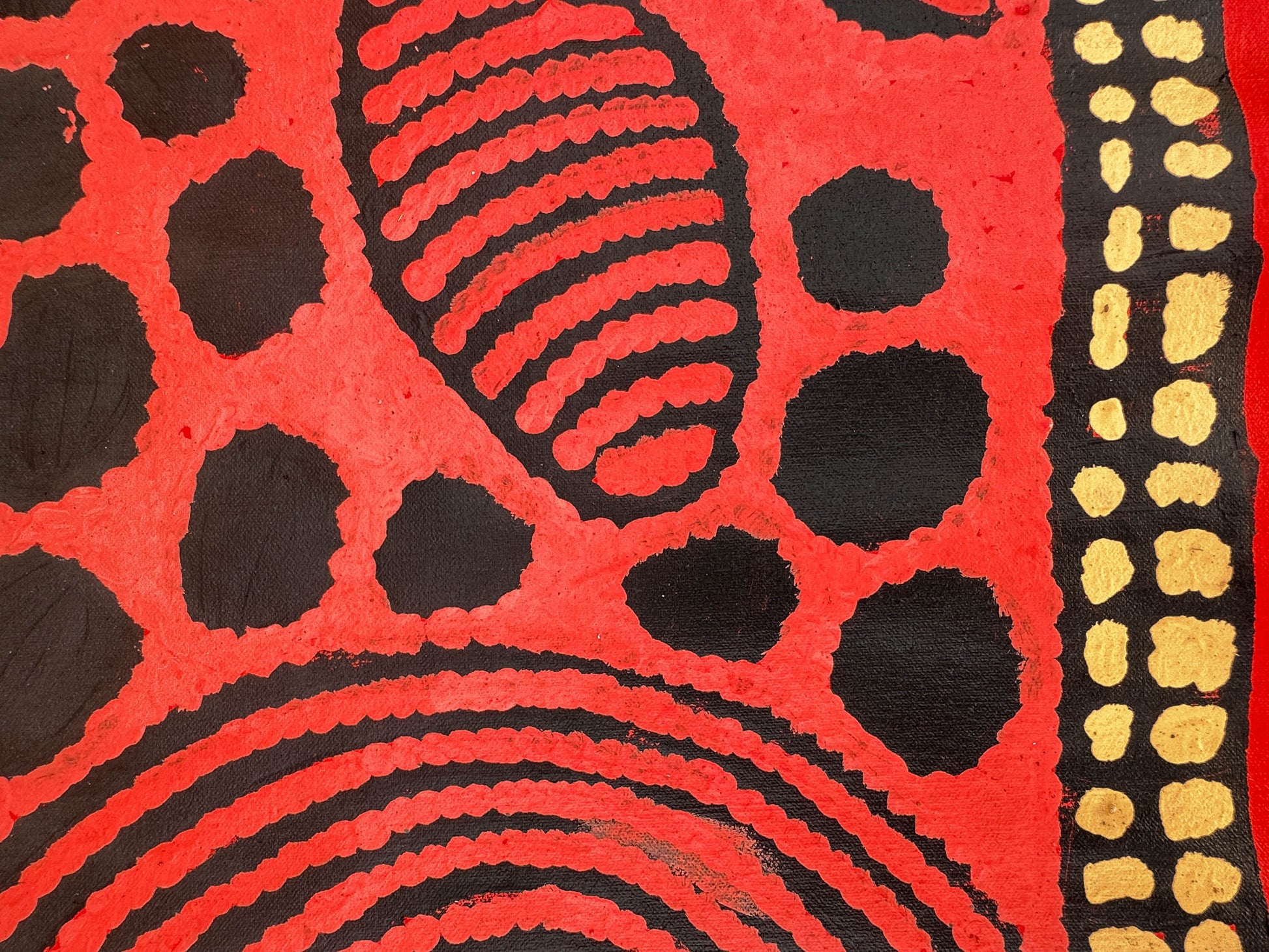 Susan Gibson Napaltjarri + Kintore + western desert + women's ceremony + iconography + symbolism + red + yellow + Black + women's dreaming + Darwin Based Gallery + indigenous art + aboriginal art + australian art + family based business + art story + aboriginal culture + Altyerre Aboriginal art + art for sale + painting for sale
