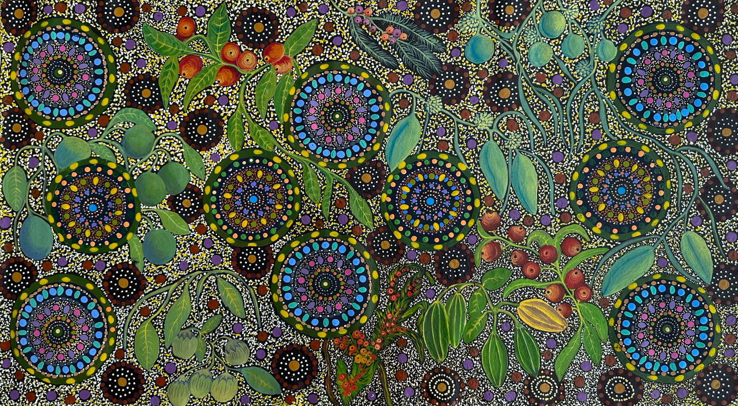 Silvia Heffernan Bush Tucker Santa Teresa Ltyentye Apurte Bush Banana Bush Tomato Dot Painting Contemporary Art Traditional Art Aboriginal Art Indigenous Art Australian Ar