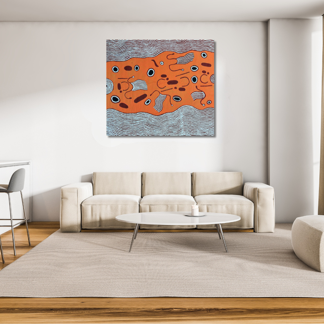 Jennifer Nginana Mitchell, Jennifer Nginyaka Mitchell, western desert art, aboriginal art, indigenous art, art, art for sale, painting for sale, interior design, interior décor, art gallery, art story, iconography, topography, constellation, Pleiades, orion, Darwin, Darwin gallery, Darwin northern territory, art work, wall art, symbolism, altyerre aboriginal art, original art, ethical art, direct from the artist, aerial perspective, Australian art,