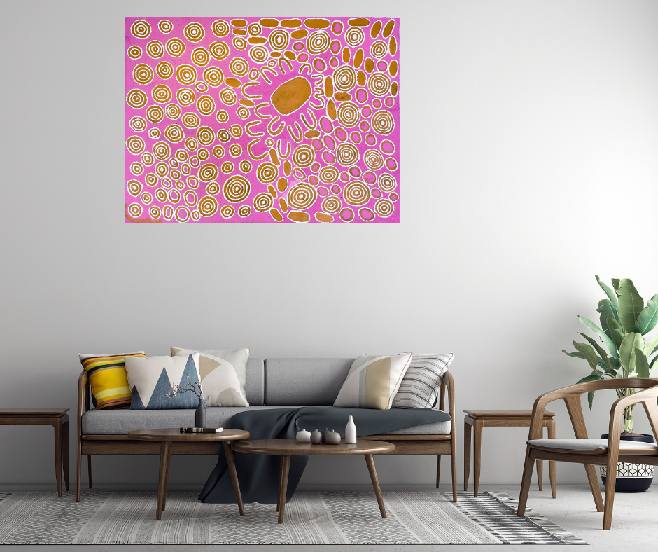 Janie Ward Nakamarra + Gibson Desert + Western Australia + My County + Indigenous Art + Aboriginal Art + Australian Art + Darwin Based Gallery + Traditional Art + Iconography + symbolism + Circles + Pink + Art Story