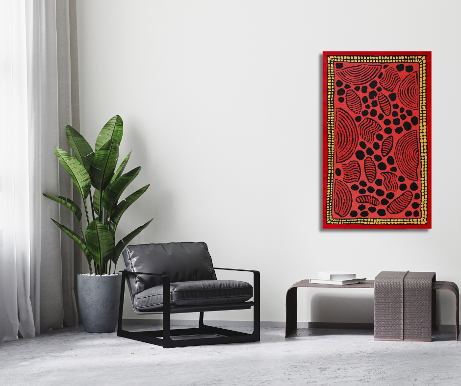 Susan Gibson Napaltjarri + Kintore + western desert + women's ceremony + iconography + symbolism + red + yellow + Black + women's dreaming + Darwin Based Gallery + indigenous art + aboriginal art + australian art + family based business + art story + aboriginal culture + Altyerre Aboriginal art + art for sale + painting for sale