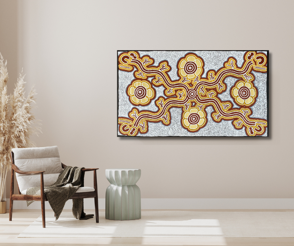 calvin martin jungarrayi + goanna dreaming + dot art painting + dot artwork + dot painting + ochre colours + goanna dreaming + indigenous art + aboriginal art + australian art + art story + traditional art + art gallery + darwin based gallery + family owned gallery + home + home decor + decor + interior design + design ideas