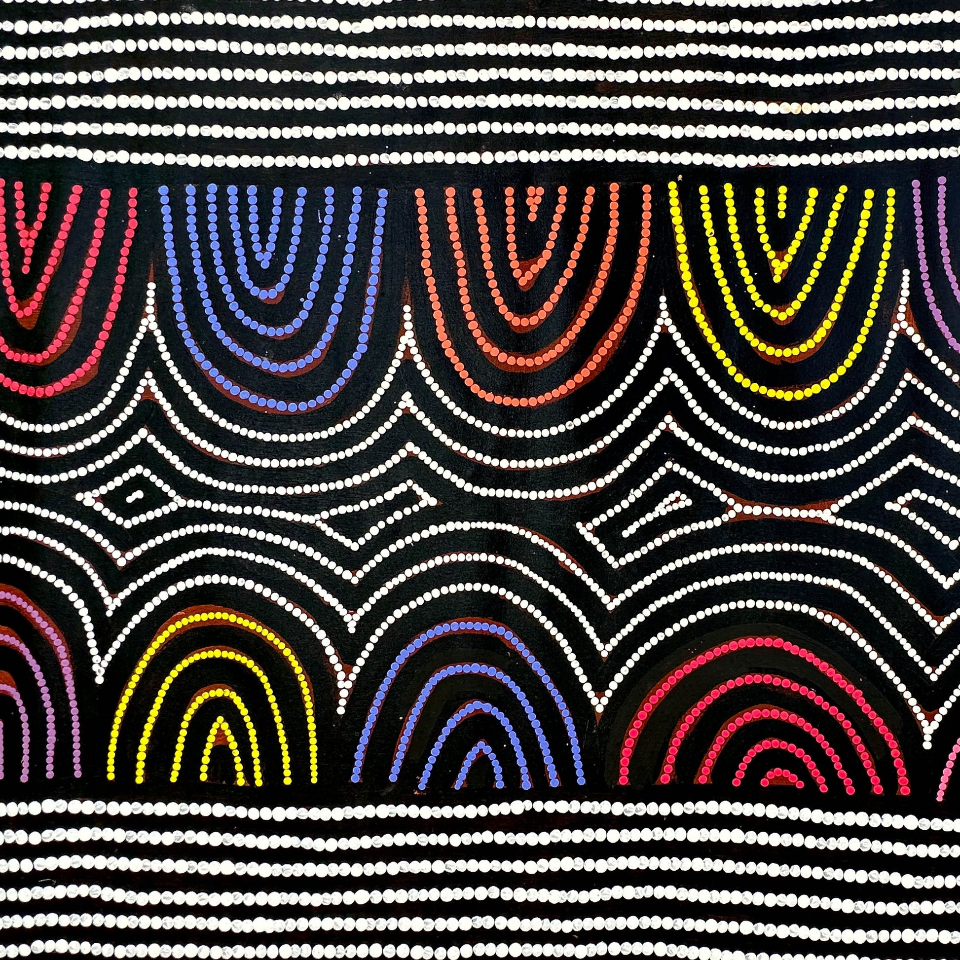 Vicky Jackson + Papunya + Dot art work + Dot painting + Painting for sale + art for sale + blue + yellow + orange + indigenous art + aboriginal art + australian art + darwin based gallery + family business + altyerre + altyerre aboriginal art