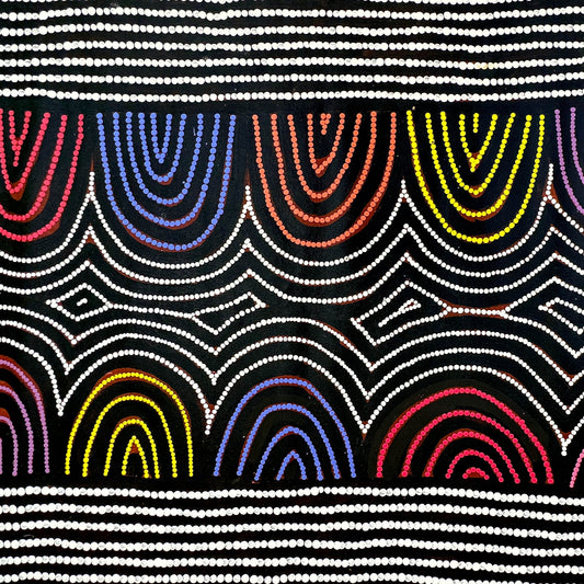 Vicky Jackson + Papunya + Dot art work + Dot painting + Painting for sale + art for sale + blue + yellow + orange + indigenous art + aboriginal art + australian art + darwin based gallery + family business + altyerre + altyerre aboriginal art