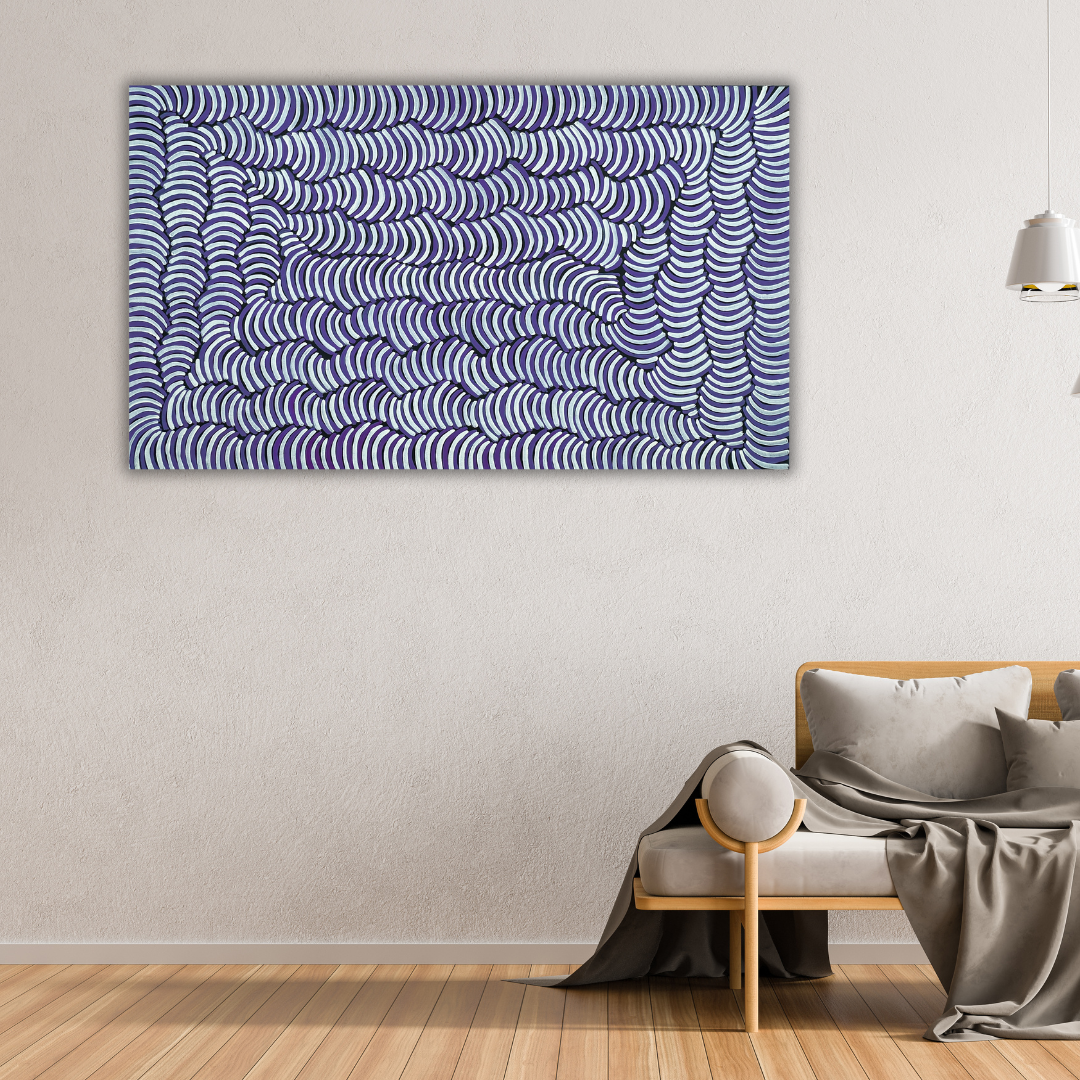 Violet Pitjara Petyarre + Petyarre Sisters + 7 Sisters + seven sisters + Utopia + purple + white + art gallery + online art gallery + artwork + artwork for sale + art for sale + painting for sale + indigenous art + aboriginal art + australian art + altyerre aboriginal art + family owned business + art collector + Arnkerrthe + Mountain Devil Lizard + thorny Devil Lizard + Interior design + wall art + Decor ideas + interior design ideas