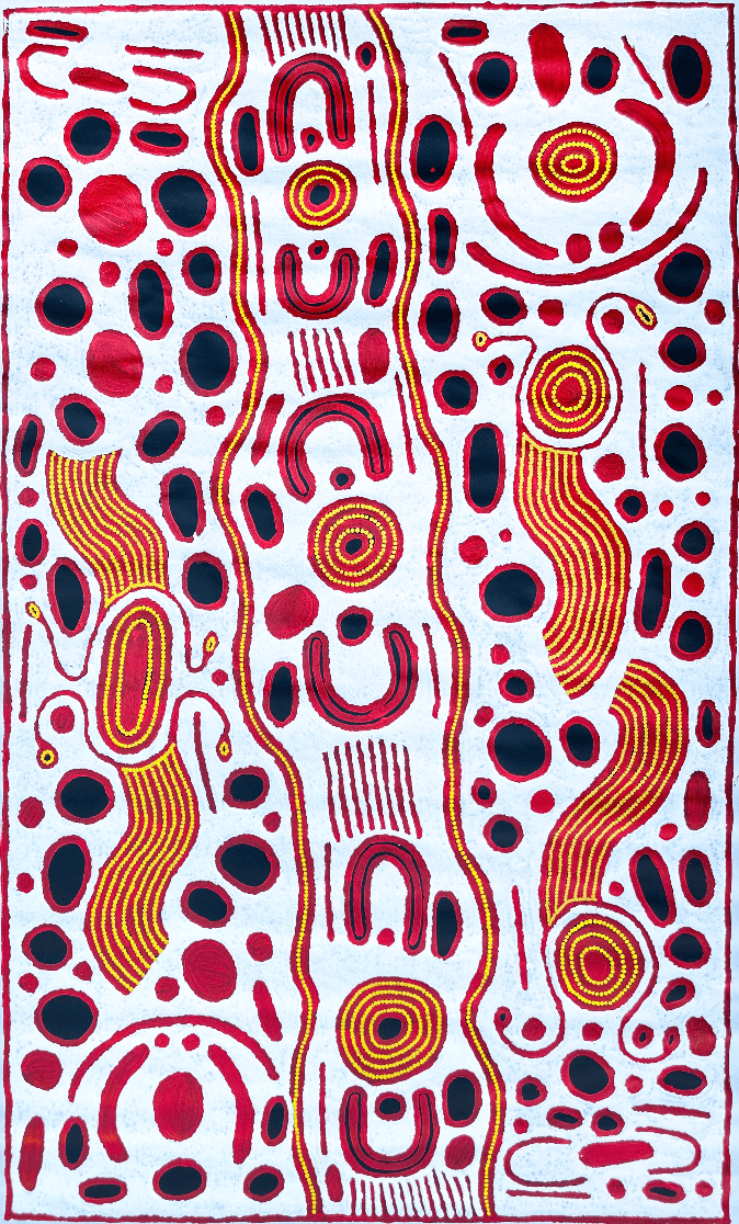 Jennifer Nginana Mitchell, Jennifer Nginyaka Mitchell, western desert art, aboriginal art, indigenous art, art, art for sale, painting for sale, interior design, interior décor, art gallery, art story, iconography, topography, constellation, Pleiades, orion, Darwin, Darwin gallery, Darwin northern territory, art work, wall art, symbolism, altyerre aboriginal art, original art, ethical art, direct from the artist, aerial perspective, Australian art, Dreamtime woman