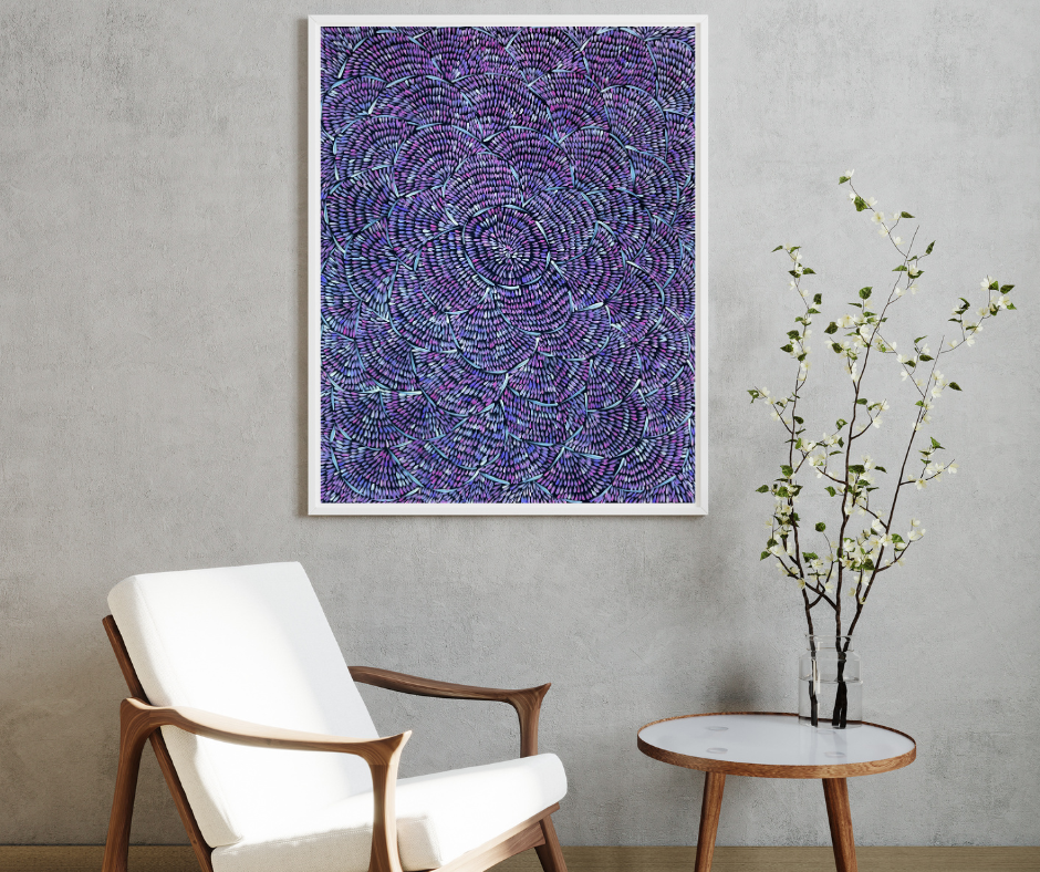 Margaret Tuner Petyarre + Utopia + Bush medicine Leaves + Purple + Contemporary Art + Indigneous Art + Australian Art + Aboriginal Art + Leaves + Darwin Based Gallery + Beautiful Art +