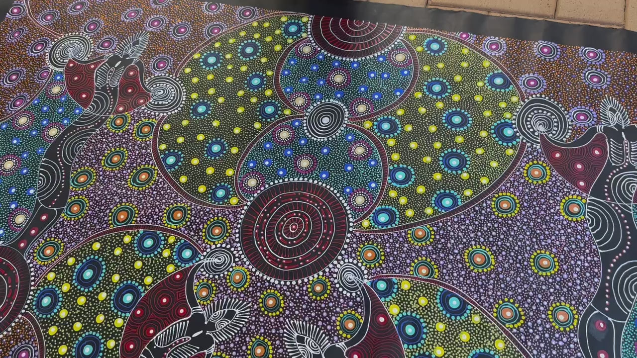 Colleen Wallace Nungarrayi Nungari Santa TeresaLtyentye Apurte Dreamtime Sisters Dreaming Dot Art Colourful Intricate Art Stunning Beautiful precise red yellow blue purple pink Spirits Aboriginal Art Indigenous Art Australian Art