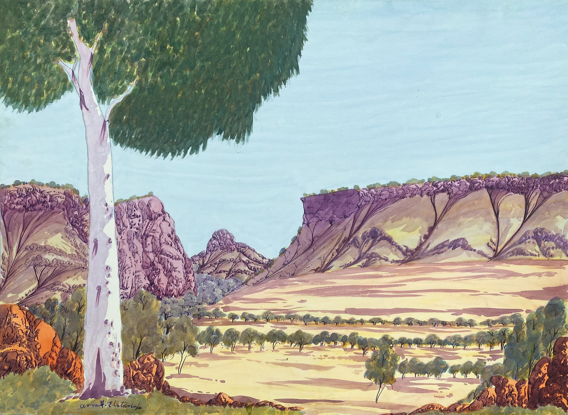 Arnulf Ebatarinja Water Colour Hermannsburg Indigenous art Aboriginal Art Australian Art Intricate - Landscape Water colour painting - Darwin Based gallery - Painting