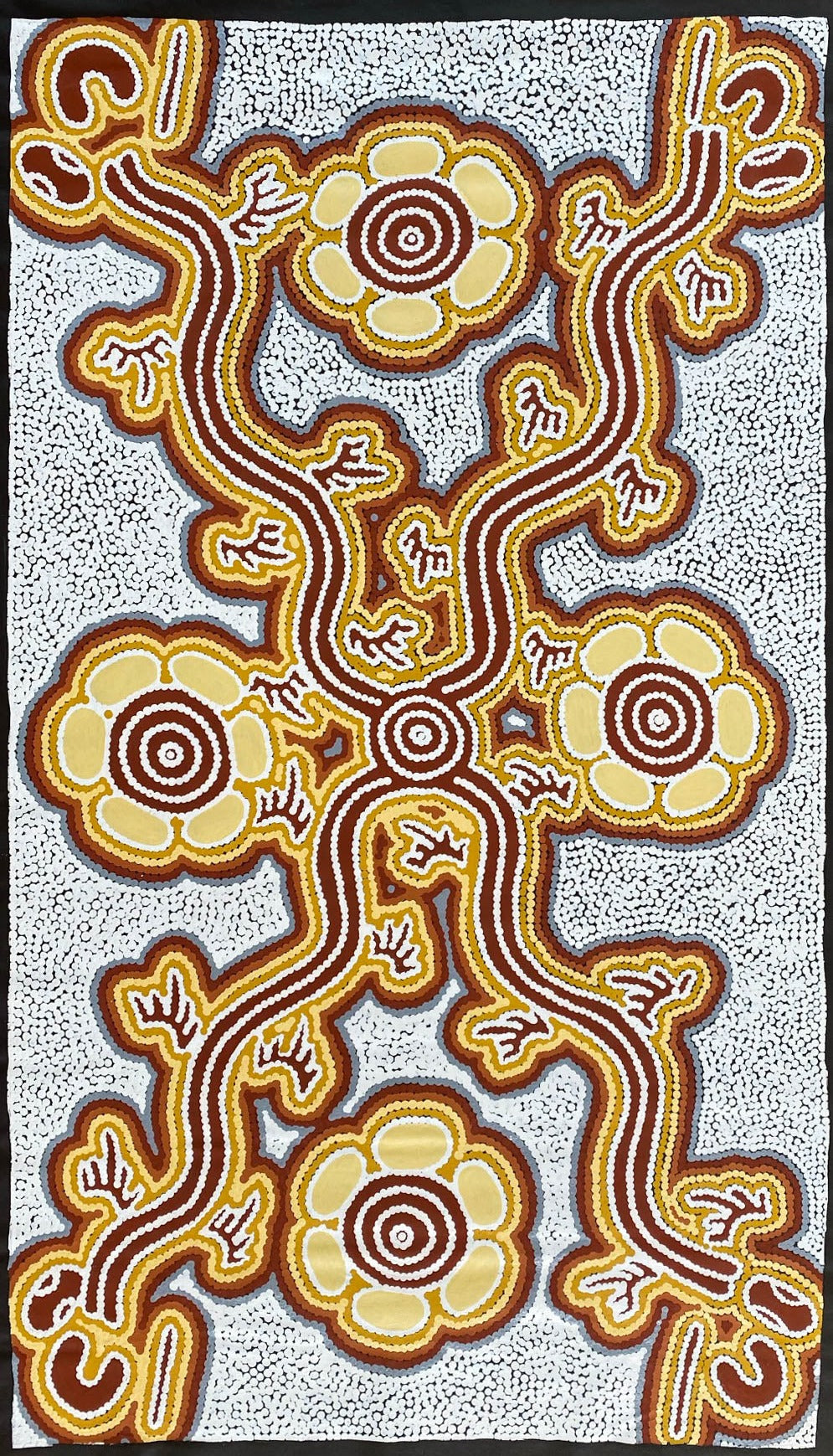 calvin martin jungarrayi + goanna dreaming + dot art painting + dot artwork + dot painting + ochre colours + goanna dreaming + indigenous art + aboriginal art + australian art + art story + traditional art + art gallery + darwin based gallery + family owned gallery + home + home decor + decor + interior design + design ideas