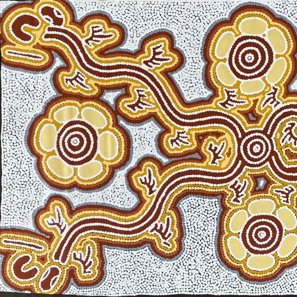 calvin martin jungarrayi + goanna dreaming + dot art painting + dot artwork + dot painting + ochre colours + goanna dreaming + indigenous art + aboriginal art + australian art + art story + traditional art + art gallery + darwin based gallery + family owned gallery + home + home decor + decor + interior design + design ideas