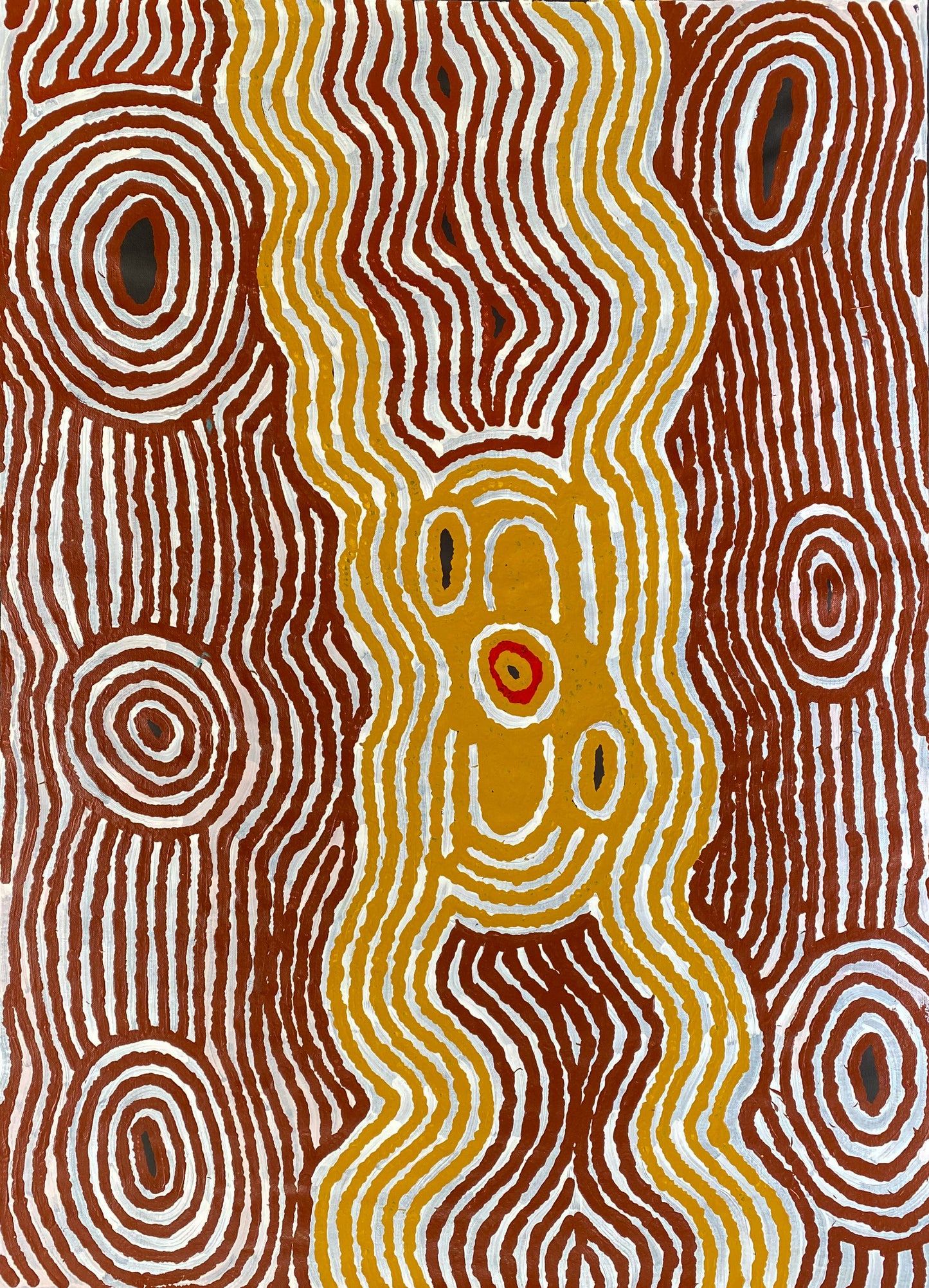 Jennifer Nginana Mitchell, Jennifer Nginyaka Mitchell, western desert art, aboriginal art, indigenous art, art, art for sale, painting for sale, interior design, interior décor, art gallery, art story, iconography, topography, constellation, Pleiades, orion, Darwin, Darwin gallery, Darwin northern territory, art work, wall art, symbolism, altyerre aboriginal art, original art, ethical art, direct from the artist, aerial perspective, Australian art, Ochre colours, painting