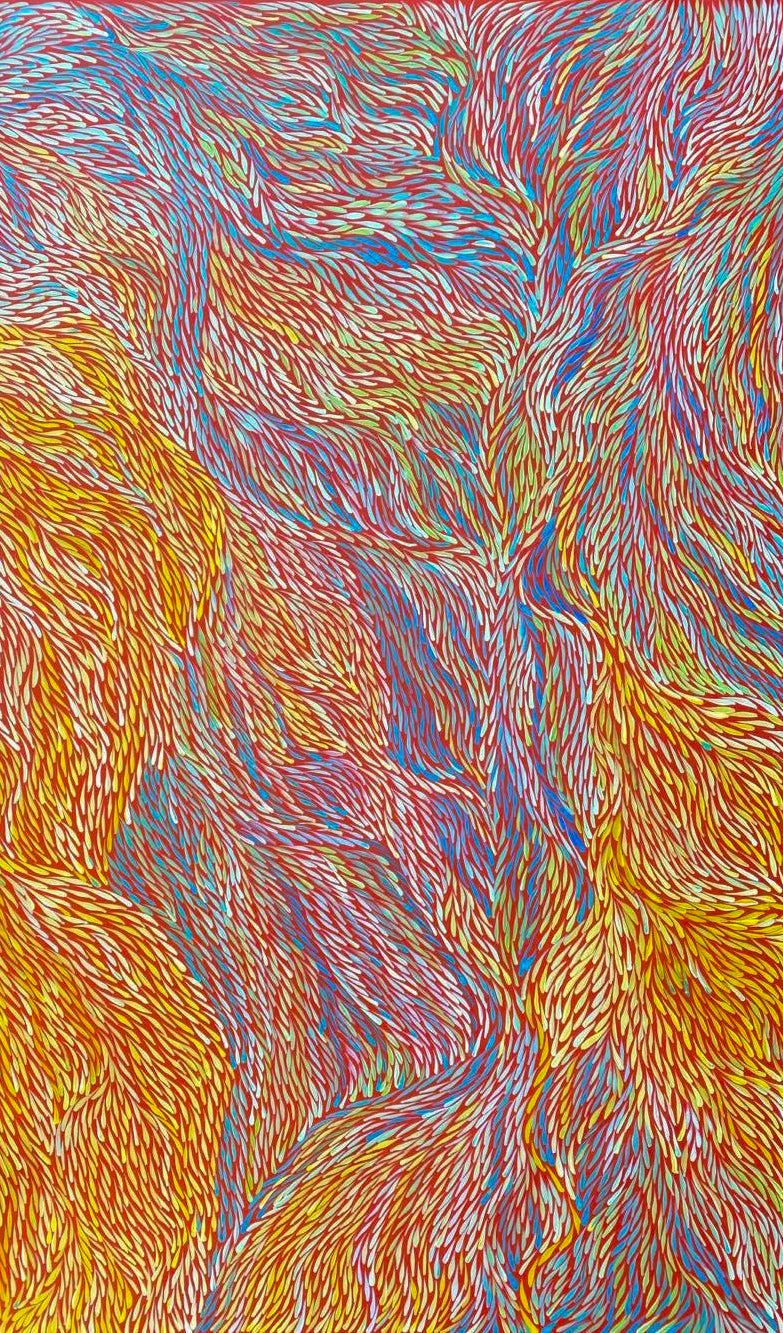 Jeannie Petyarre Pitjara, Bush Medicine Leaves, Bush Yam, Body Paint, Awelye, Bush Seeds, contemporary art, aboriginal art, indigenous art for sale, Australian art, art collector, altyerre aboriginal art, art work, art gallery, Darwin gallery, painting for sale, wall art, northern territory, alice springs, décor, interior décor, interior design, office décor, art lover, famous artist, utopian artist, dreaming, bush medicine, family business, movement, hypnotic, art storytelling, modern art, traditional art