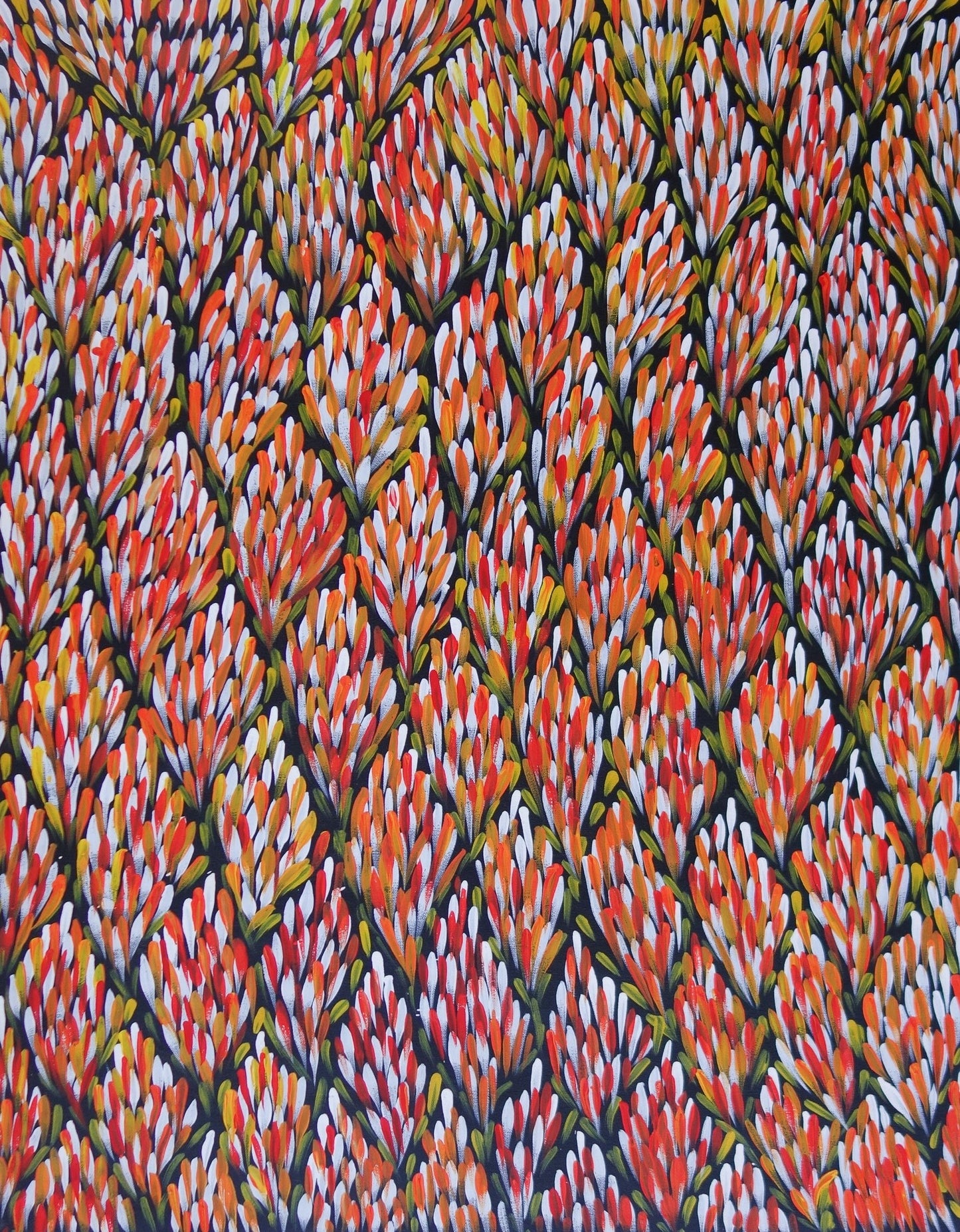 Margaret Turner Petyarre + Northern Territory + Indigenous Art + Aboriginal Art + Australian Art + Bush Medicine Leaves + Artwork + Painting + Darwin Based Gallery + Contemporary Art + Yellow + Green +