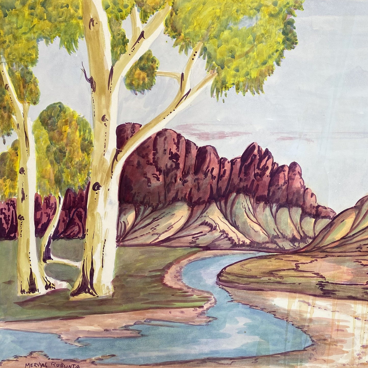 Mervyn Rubuntja Central Australian Landscape Water Colour Indigenous Art Aboriginal Art Australian Art Watercolour on Board Desert Water
