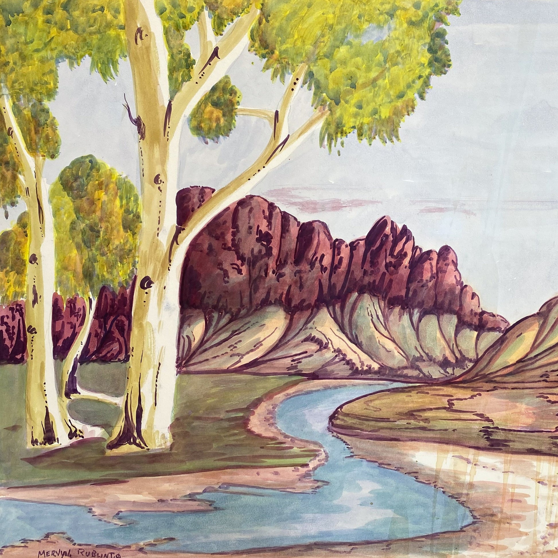 Mervyn Rubuntja Central Australian Landscape Water Colour Indigenous Art Aboriginal Art Australian Art Watercolour on Board Desert Water
