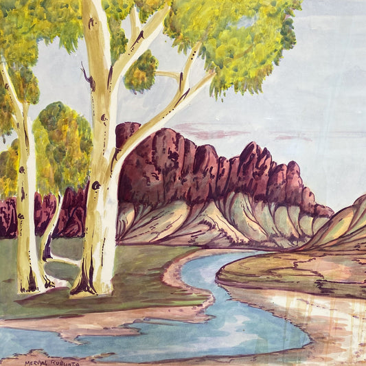 Mervyn Rubuntja Central Australian Landscape Water Colour Indigenous Art Aboriginal Art Australian Art Watercolour on Board Desert Water