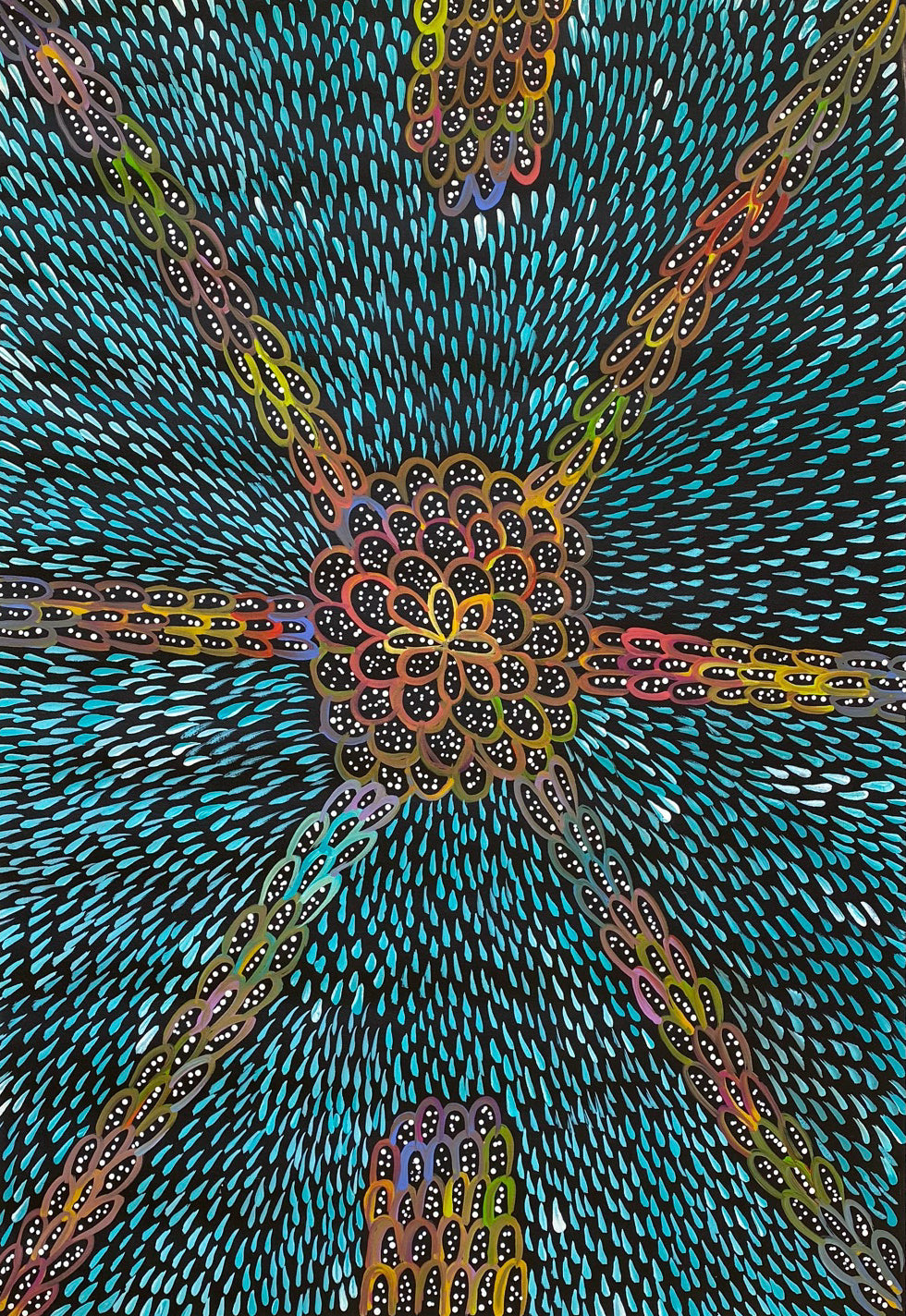 Patricia Kamara Rambler, Utopia, Northern Territory, Bush Seeds, Dot art painting, art, art for sale, painting, painting for sale, indigenous art, aboriginal art, Australian art, altyerre aboriginal art, ethical art, original art, direct from the artist, dreaming, interior design, décor, interior decorating, art gallery, wall art, alice springs, art collector, utopian art, blue, orange, red, yellow, green, purple, white, early work, darwin gallery,