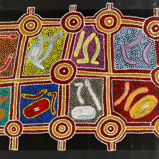 Alan Pitjara Petyarre + Utopia + Yam Dreaming + Aboriginal Art + Indigenous Art + Australian Art + Iconography + Symbolism + Hunting Tools + Darwin Based Gallery + Art for Sale + Painting for Sale + Colourful + Traditional Art + Contemporary Art  + Dot Art + Dot Painting + Artwork 