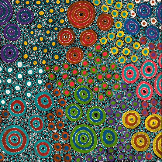 Anna Pitjara Petyarre Utopia Aboriginal Art Indigenous Art Australian Art Yam Seed Dreaming Colour dot art painting art Indigenous Artwork based in Darwin (Australia) 