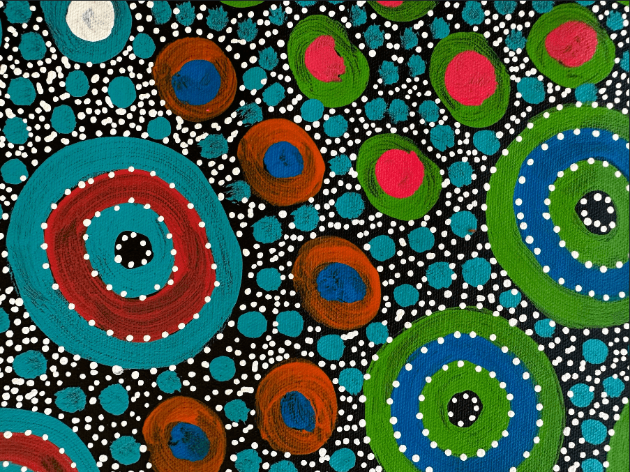 Anna Pitjara Petyarre Utopia Aboriginal Art Indigenous Art Australian Art Yam Seed Dreaming Colour dot art painting art Indigenous Artwork based in Darwin (Australia)