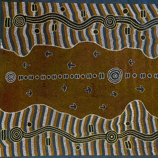 Yankirri + Emu +Pamapardu/Pamapadu + Termite + Country + Bush Tucker + Emu and Flying Ant/Termite Dreaming + Iconography + Symbolism + Yuendumu + Ben Jangala Gallagher + Dot Art + Warlpiri + Aerial Depiction + Topographic Art + Ochre Colours + Darwin Based Gallery + Indigenous Art + Aboriginal Art + Australian Art + Art for Sale + Painting for Sale + Art Story + Art Collector + Male Artist