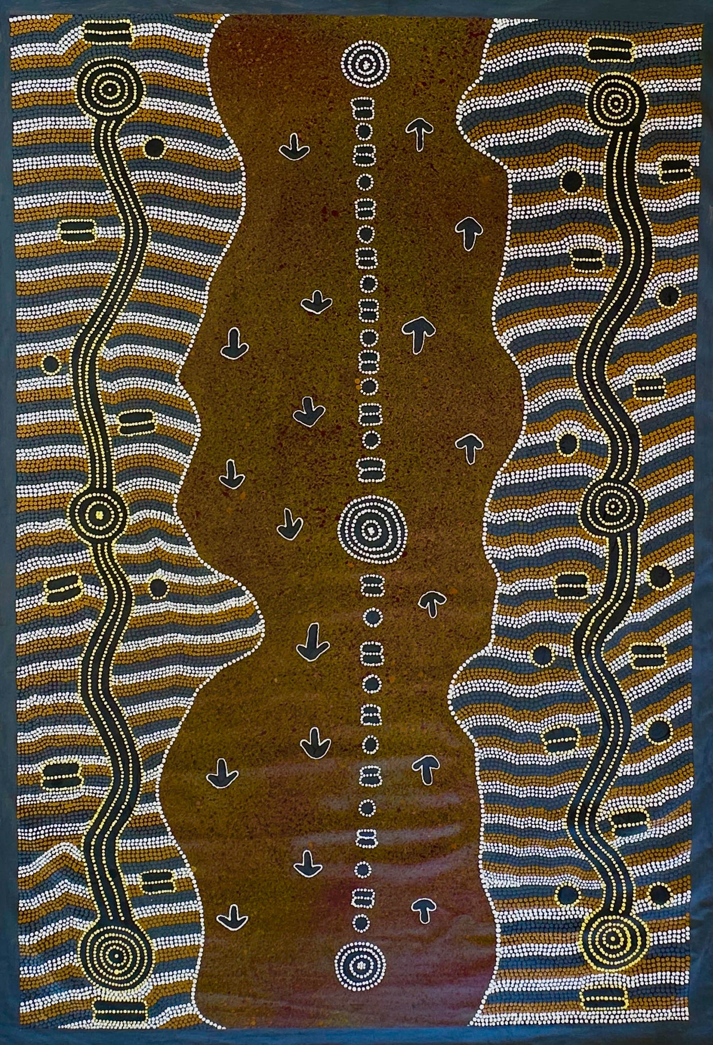 Yankirri + Emu +Pamapardu/Pamapadu + Termite + Country + Bush Tucker + Emu and Flying Ant/Termite Dreaming + Iconography + Symbolism + Yuendumu + Ben Jangala Gallagher + Dot Art + Warlpiri + Aerial Depiction + Topographic Art + Ochre Colours + Darwin Based Gallery + Indigenous Art + Aboriginal Art + Australian Art + Art for Sale + Painting for Sale + Art Story + Art Collector + Male Artist