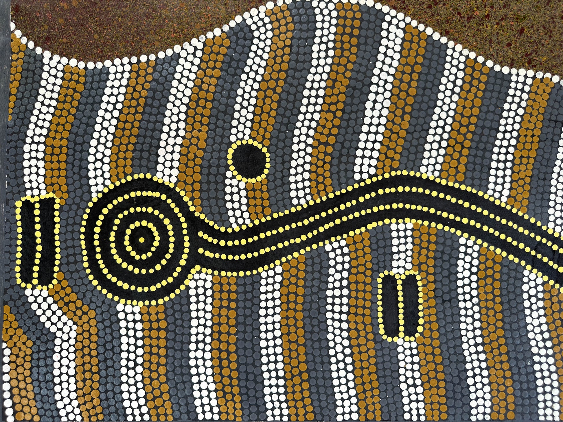 Yankirri + Emu +Pamapardu/Pamapadu + Termite + Country + Bush Tucker + Emu and Flying Ant/Termite Dreaming + Iconography + Symbolism + Yuendumu + Ben Jangala Gallagher + Dot Art + Warlpiri + Aerial Depiction + Topographic Art + Ochre Colours + Darwin Based Gallery + Indigenous Art + Aboriginal Art + Australian Art + Art for Sale + Painting for Sale + Art Story + Art Collector + Male Artist