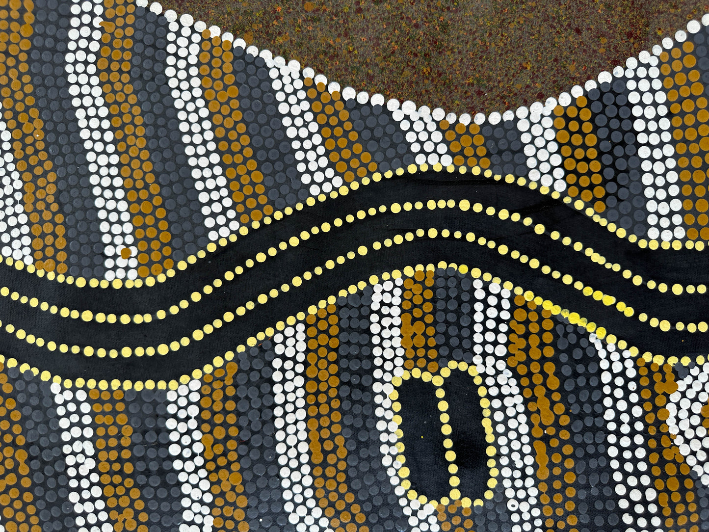 Yankirri + Emu +Pamapardu/Pamapadu + Termite + Country + Bush Tucker + Emu and Flying Ant/Termite Dreaming + Iconography + Symbolism + Yuendumu + Ben Jangala Gallagher + Dot Art + Warlpiri + Aerial Depiction + Topographic Art + Ochre Colours + Darwin Based Gallery + Indigenous Art + Aboriginal Art + Australian Art + Art for Sale + Painting for Sale + Art Story + Art Collector + Male Artist