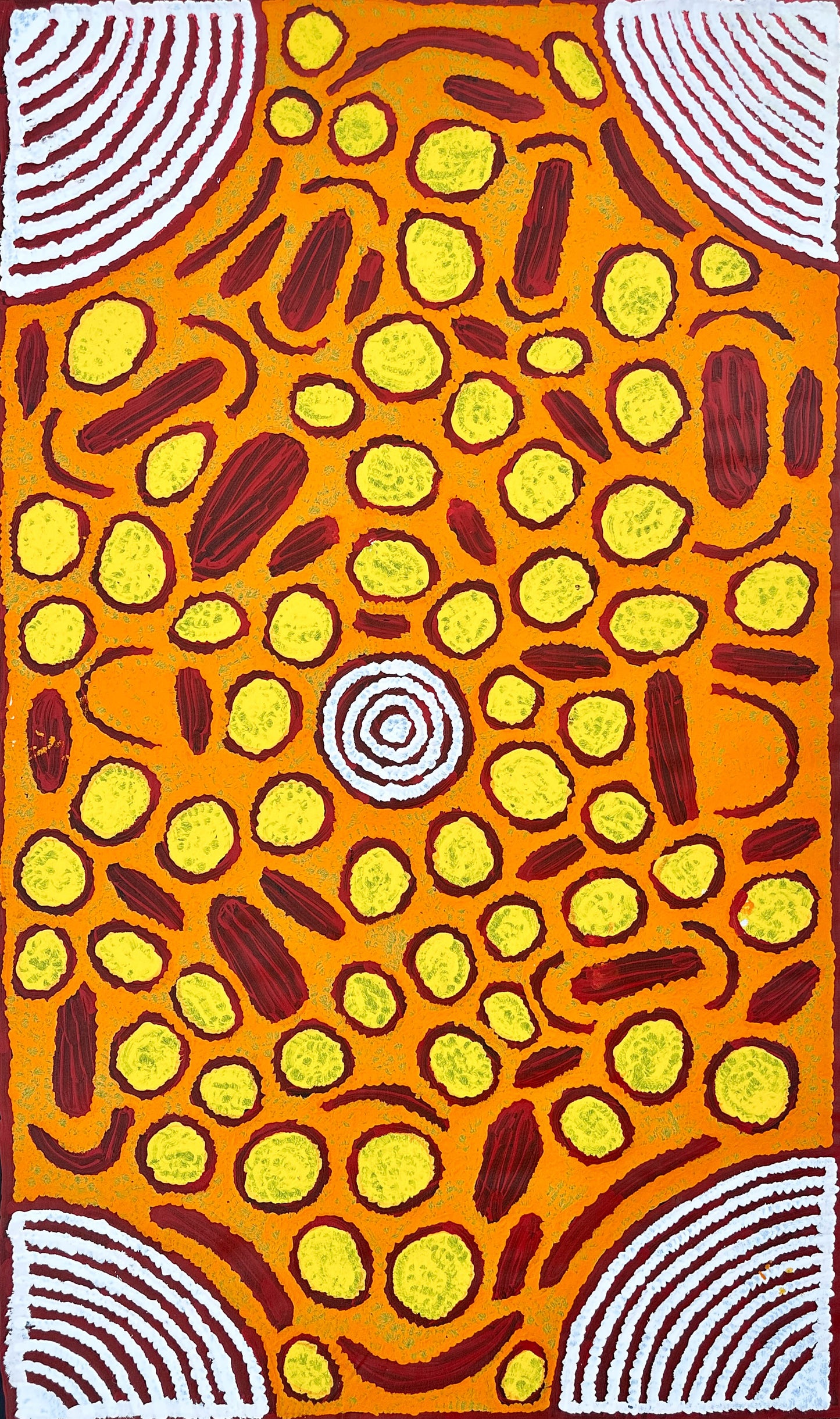 Barbara Napangarti Reid, Gibson Desert, Western Australia, Indigneous art, Aboriginal art, Australian Art, Indigenous art for sale, Aboriginal art for sale, womens ceremony, bush apple, bush tucker, Darwin gallery, altyerre aboriginal art, interior design, Interior décor, family business, outback Australian art, Ngaanyatjarra, Iconography, Symbolism, dreaming 
