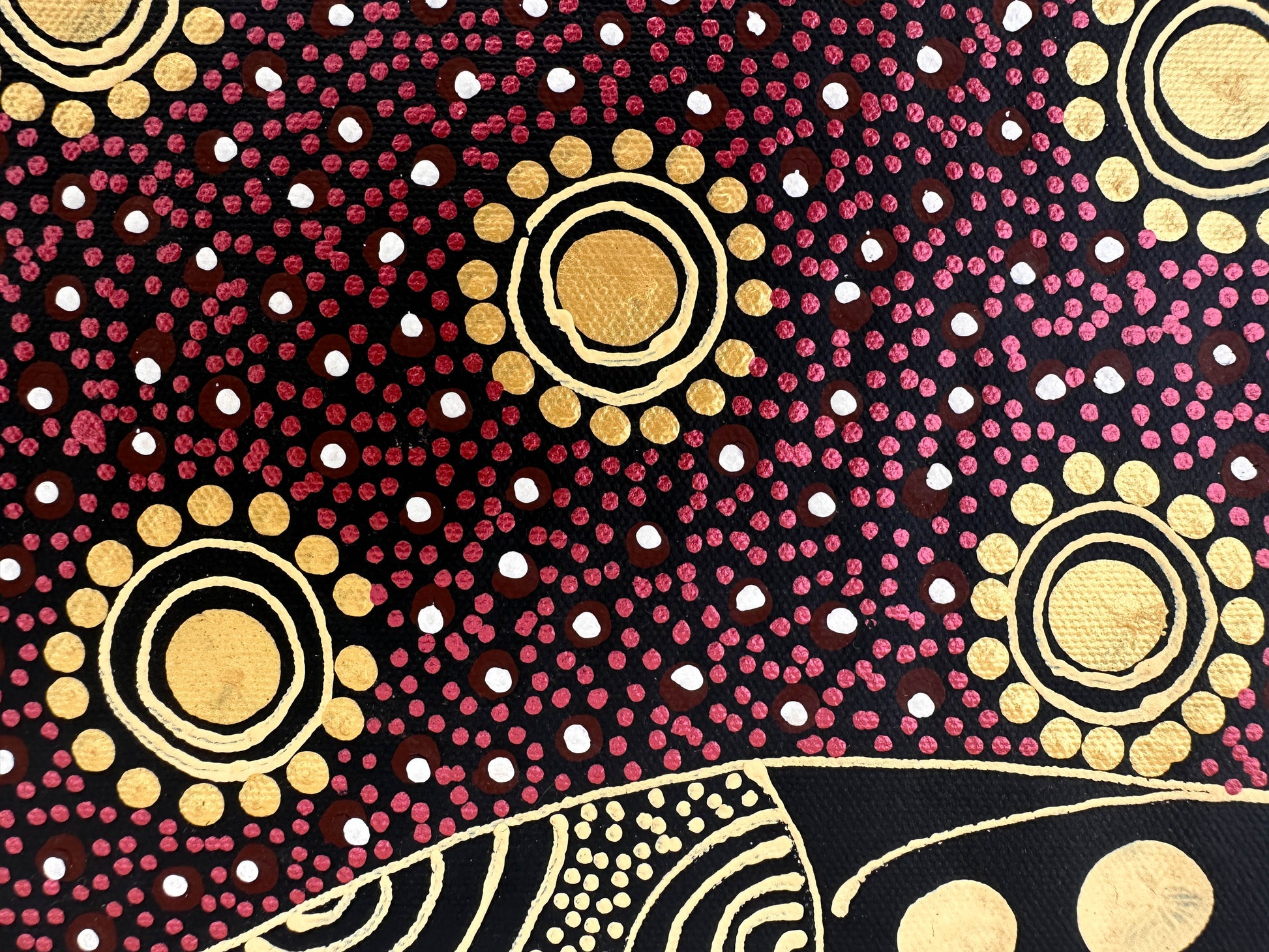 COLLEEN WALLACE NUNGARRAYI (NUNGARI) + Dreamtime Sisters +  Santa Teresa + Ltyentye Apurte + Dot Art + Dot Art Painting + Art for sale + Painting for sale + indigenous artwork + aboriginal artwork + Australian art + gold + Darwin Based Gallery + Family Owned business + beautiful art +