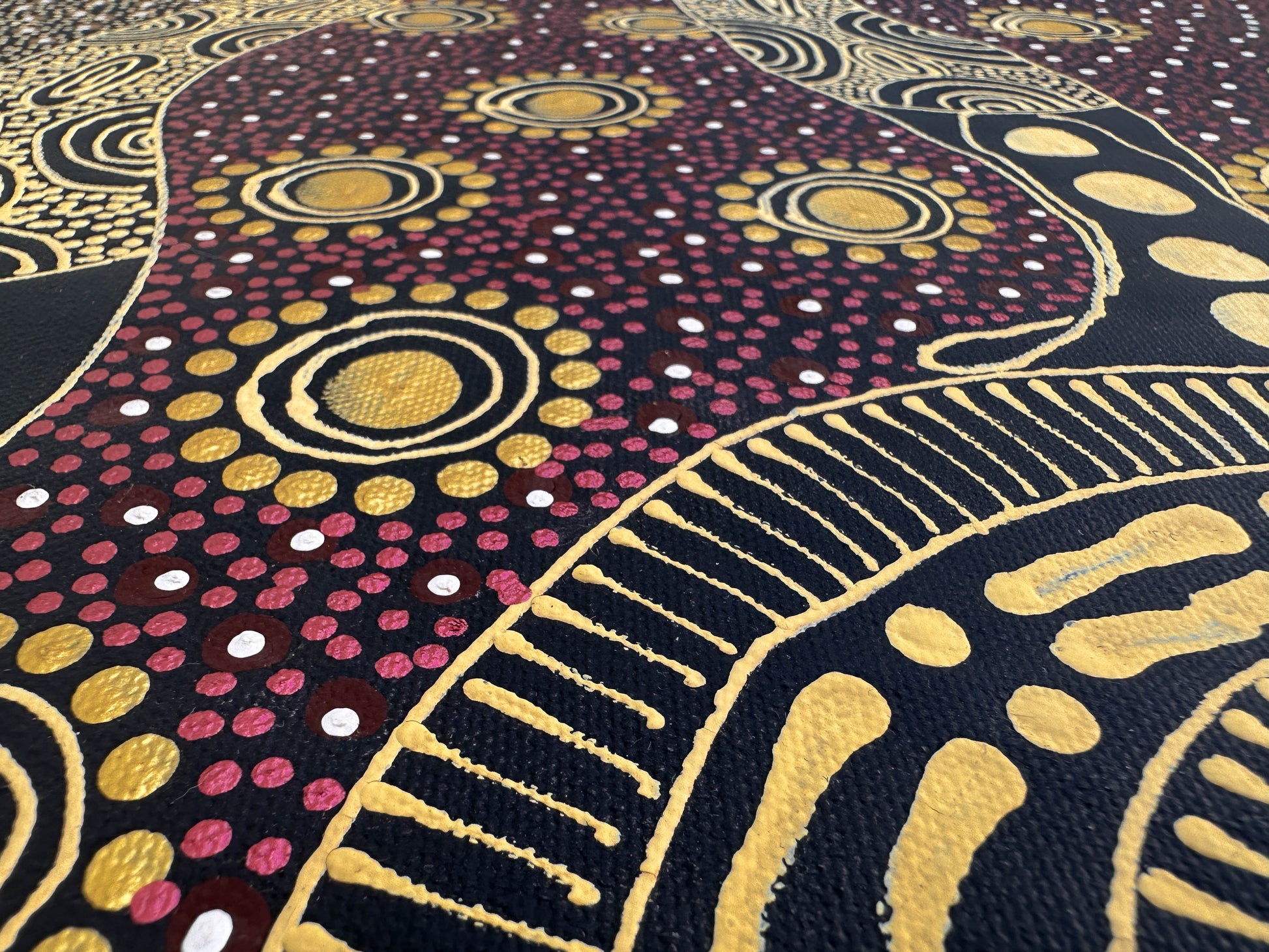 COLLEEN WALLACE NUNGARRAYI (NUNGARI) + Dreamtime Sisters +  Santa Teresa + Ltyentye Apurte + Dot Art + Dot Art Painting + Art for sale + Painting for sale + indigenous artwork + aboriginal artwork + Australian art + gold + Darwin Based Gallery + Family Owned business + beautiful art +