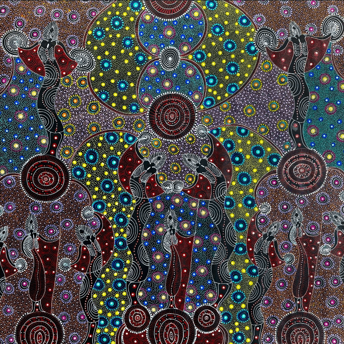 Colleen Wallace Nungarrayi Nungari Santa TeresaLtyentye Apurte Dreamtime Sisters Dreaming Dot Art Colourful Intricate Art Stunning Beautiful precise red yellow blue purple pink Spirits Aboriginal Art Indigenous Art Australian Art