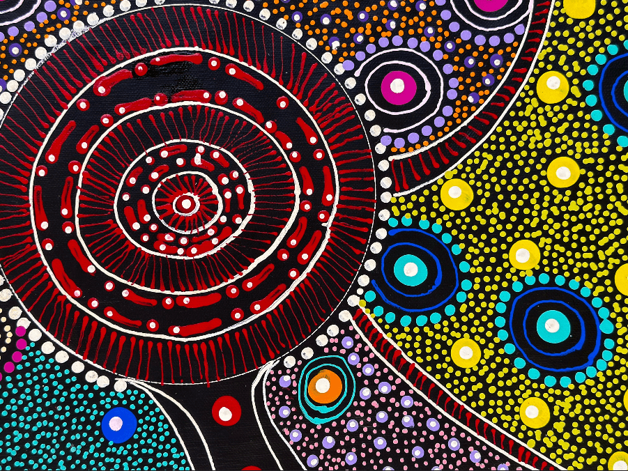 Colleen Wallace Nungarrayi Nungari Santa TeresaLtyentye Apurte Dreamtime Sisters Dreaming Dot Art Colourful Intricate Art Stunning Beautiful precise red yellow blue purple pink Spirits Aboriginal Art Indigenous Art Australian Art