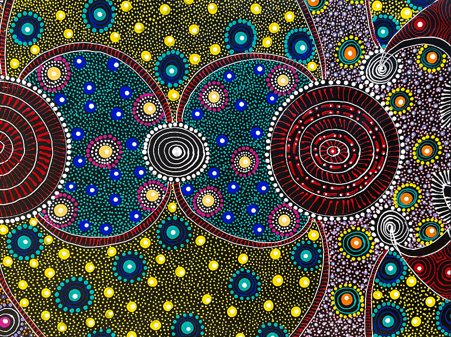 Colleen Wallace Nungarrayi Nungari Santa TeresaLtyentye Apurte Dreamtime Sisters Dreaming Dot Art Colourful Intricate Art Stunning Beautiful precise red yellow blue purple pink Spirits Aboriginal Art Indigenous Art Australian Art