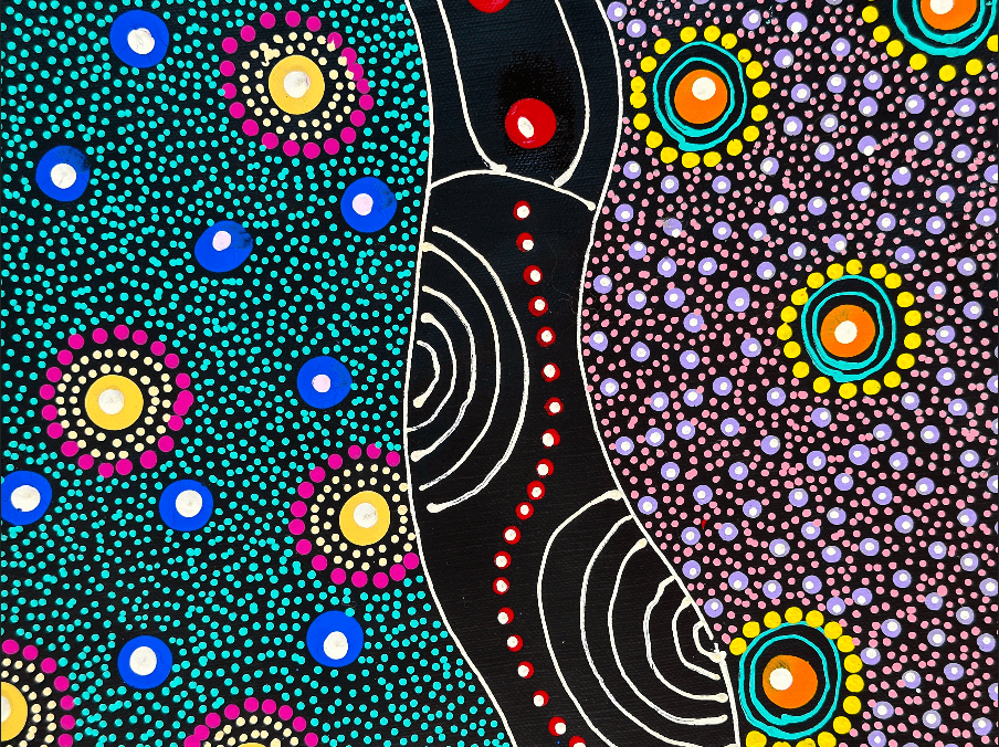 Colleen Wallace Nungarrayi Nungari Santa TeresaLtyentye Apurte Dreamtime Sisters Dreaming Dot Art Colourful Intricate Art Stunning Beautiful precise red yellow blue purple pink Spirits Aboriginal Art Indigenous Art Australian Art