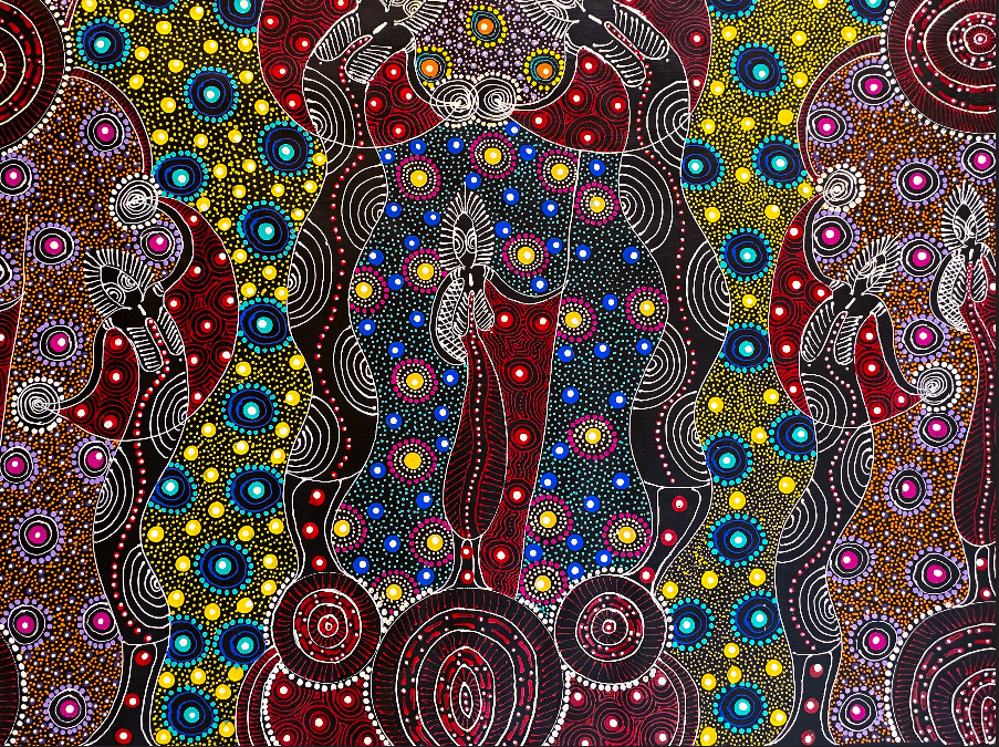 Colleen Wallace Nungarrayi Nungari Santa TeresaLtyentye Apurte Dreamtime Sisters Dreaming Dot Art Colourful Intricate Art Stunning Beautiful precise red yellow blue purple pink Spirits Aboriginal Art Indigenous Art Australian Art