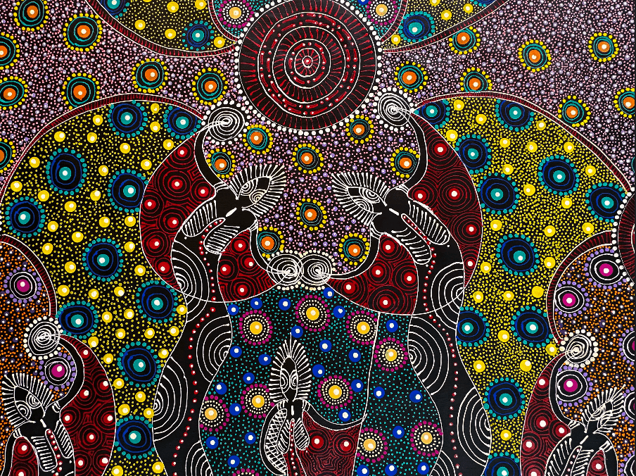 Colleen Wallace Nungarrayi Nungari Santa TeresaLtyentye Apurte Dreamtime Sisters Dreaming Dot Art Colourful Intricate Art Stunning Beautiful precise red yellow blue purple pink Spirits Aboriginal Art Indigenous Art Australian Art