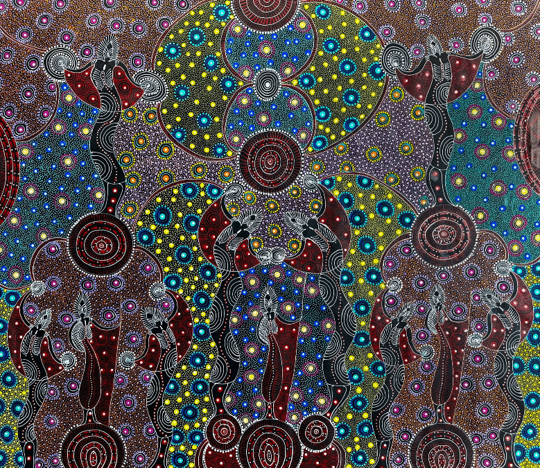 Colleen Wallace Nungarrayi Nungari Santa TeresaLtyentye Apurte Dreamtime Sisters Dreaming Dot Art Colourful Intricate Art Stunning Beautiful precise red yellow blue purple pink Spirits Aboriginal Art Indigenous Art Australian Art