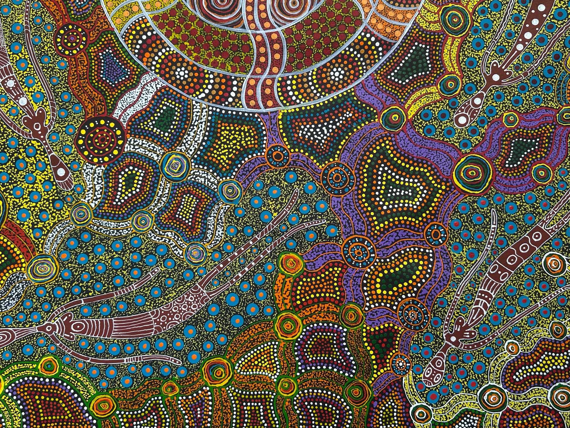 Ltyentye Apurte + Santa Teresa + Denise Doolan + dot art + dot artwork + interior design + decor + painting + art for sale + painting for sale  art gallery + indigenous art + aboriginal art + dreamtime + spirit beings + female artist + altyerre + altyerre aboriginal art + intricate + artist + talented artist + Darwin art gallery