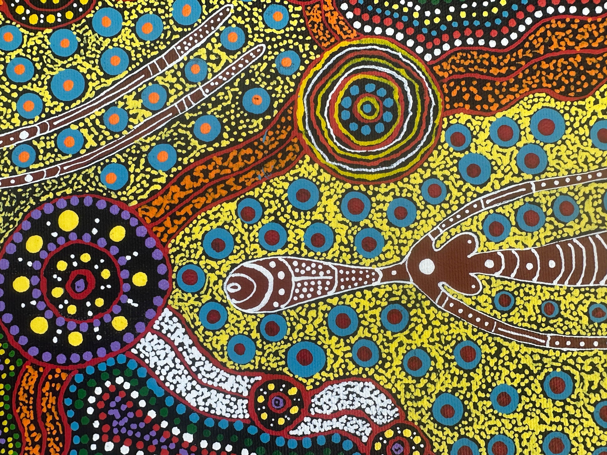 Ltyentye Apurte + Santa Teresa + Denise Doolan + dot art + dot artwork + interior design + decor + painting + art for sale + painting for sale  art gallery + indigenous art + aboriginal art + dreamtime + spirit beings + female artist + altyerre + altyerre aboriginal art + intricate + artist + talented artist + Darwin art gallery