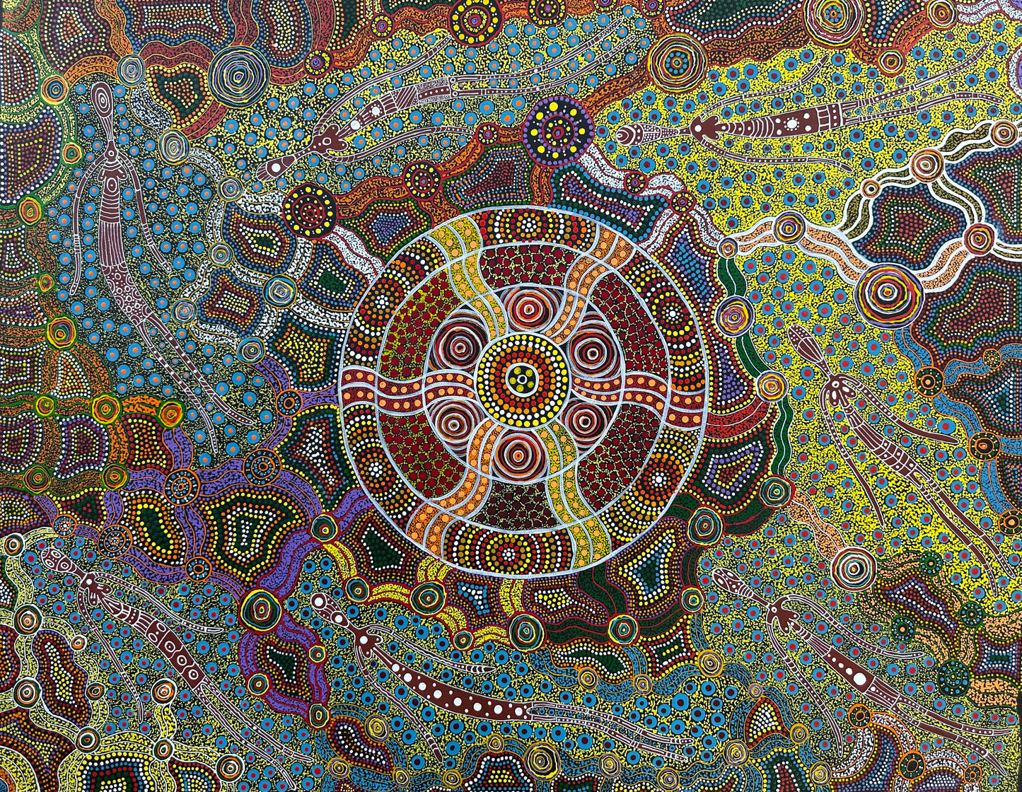 Ltyentye Apurte + Santa Teresa + Denise Doolan + dot art + dot artwork + interior design + decor + painting + art for sale + painting for sale  art gallery + indigenous art + aboriginal art + dreamtime + spirit beings + female artist + altyerre + altyerre aboriginal art + intricate + artist + talented artist + Darwin art gallery