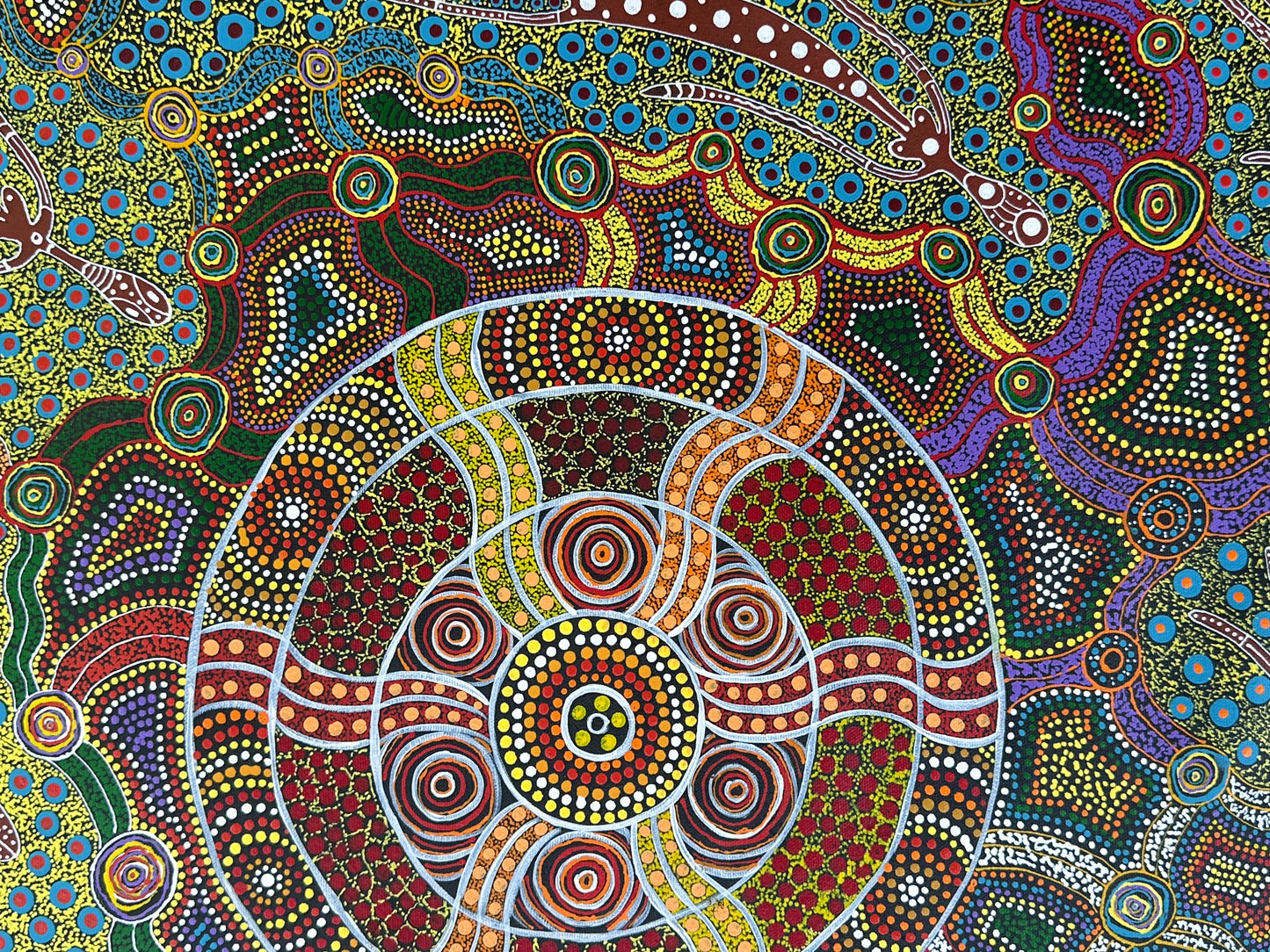 Ltyentye Apurte + Santa Teresa + Denise Doolan + dot art + dot artwork + interior design + decor + painting + art for sale + painting for sale  art gallery + indigenous art + aboriginal art + dreamtime + spirit beings + female artist + altyerre + altyerre aboriginal art + intricate + artist + talented artist + Darwin art gallery