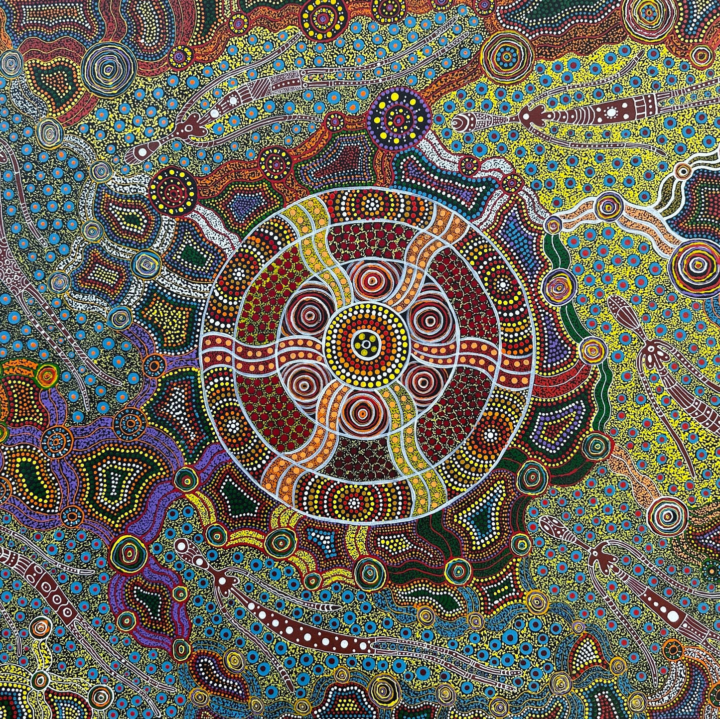 Ltyentye Apurte + Santa Teresa + Denise Doolan + dot art + dot artwork + interior design + decor + painting + art for sale + painting for sale  art gallery + indigenous art + aboriginal art + dreamtime + spirit beings + female artist + altyerre + altyerre aboriginal art + intricate + artist + talented artist + Darwin art gallery