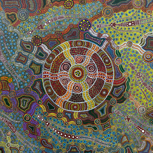 Ltyentye Apurte + Santa Teresa + Denise Doolan + dot art + dot artwork + interior design + decor + painting + art for sale + painting for sale  art gallery + indigenous art + aboriginal art + dreamtime + spirit beings + female artist + altyerre + altyerre aboriginal art + intricate + artist + talented artist + Darwin art gallery